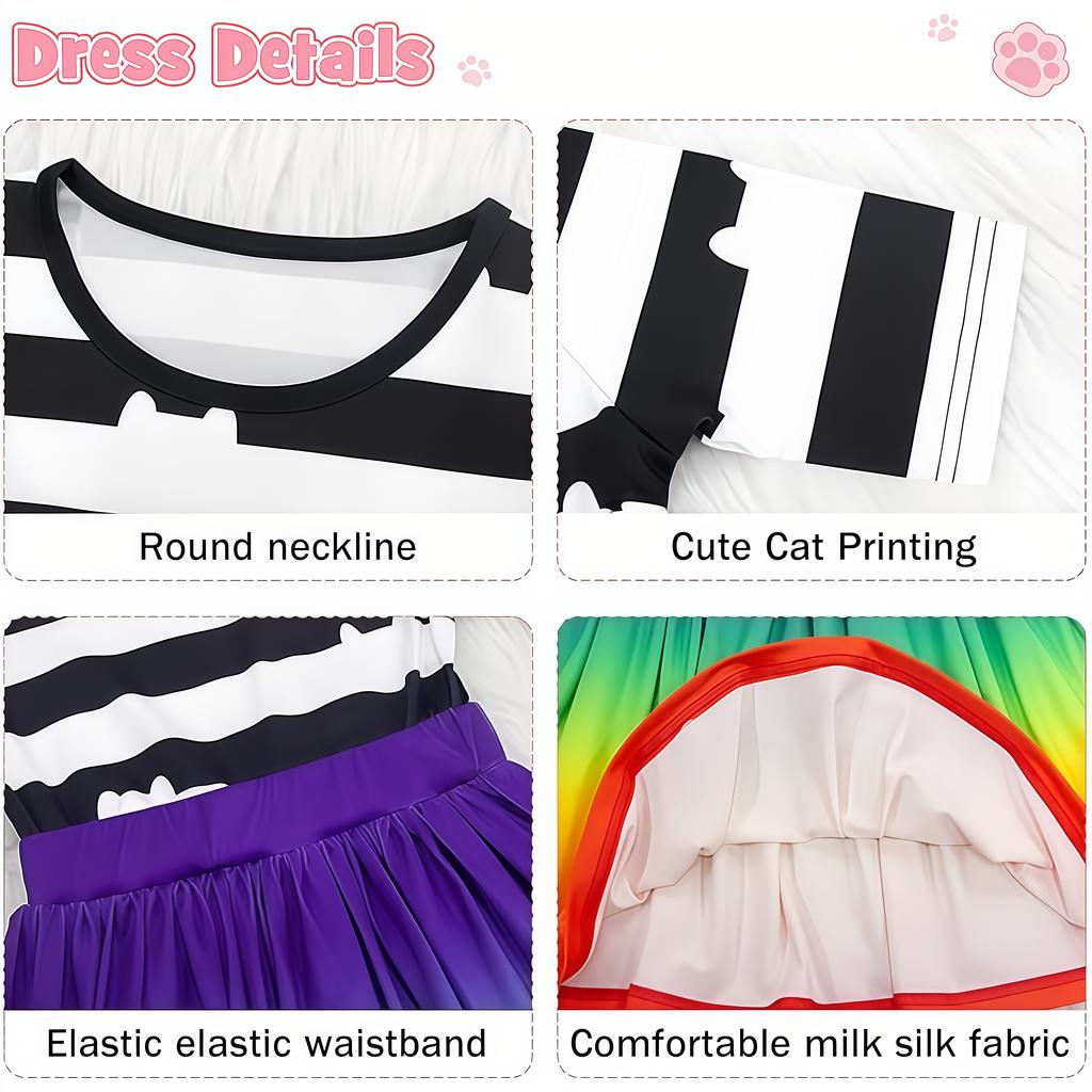 Children's Gabby Dress Girl's Black And White Striped Cat Print Dress For Toddler Kids Halloween Birthday Themed Party Outfits