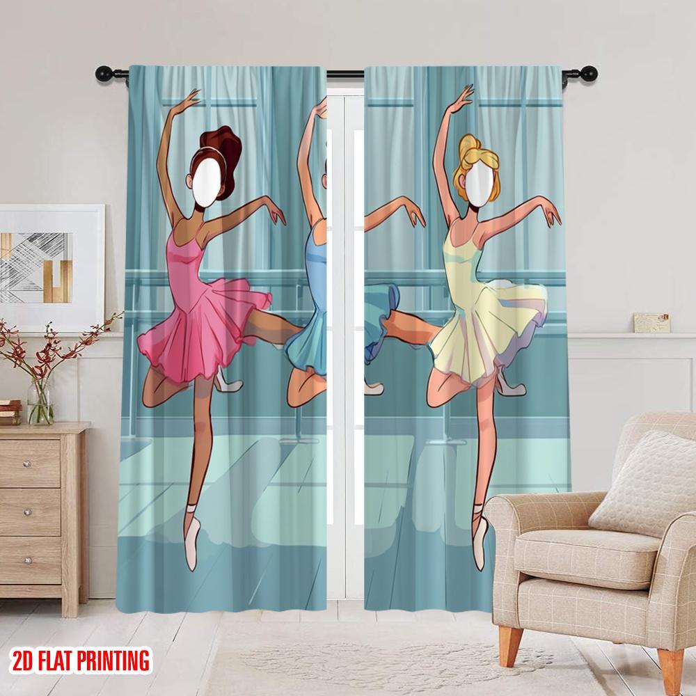 2Pcs,2D Plane Printing Minimalist Curtains Female Dance Polyester Woven (Without Rod) Home Decor Perfect For Bedroom, Office,