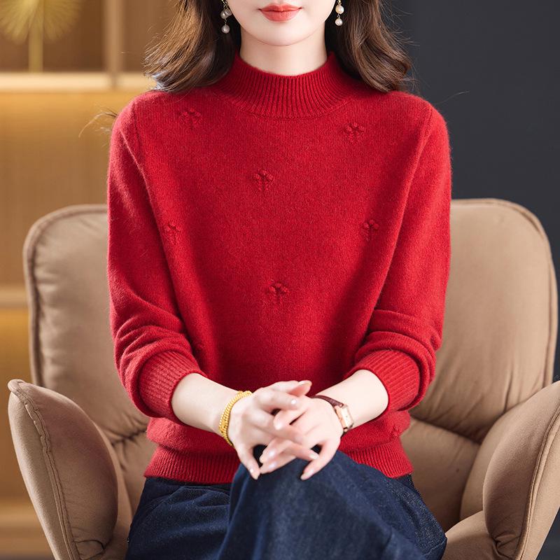 Women's Pure Wool Sweater - Thick Knit, Half-High Collar, Autumn/Winter Style for Middle-Aged & Elderly.