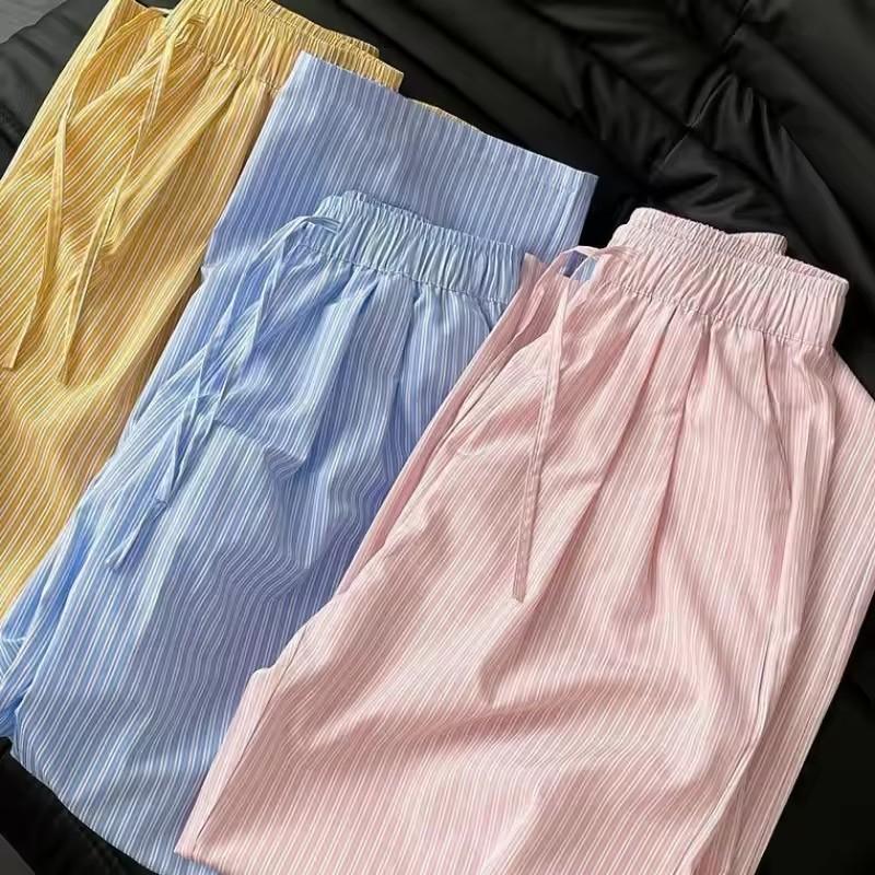 Striped Lazy Style Wide-leg Pants Vintage Summer Fresh Loose Thin Floor-length Casual Trousers Women