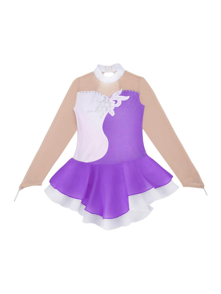 Stilvolles Tanzkleid für Kinder, Mädchen, langärmelig, Netz-Patchwork, Pailletten, Kunstdiamanten, Dekor, Kleid zum Skaten
