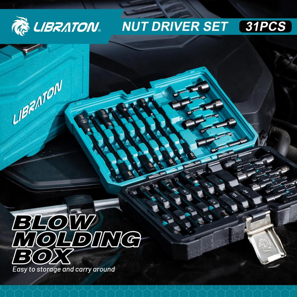 LIBRATON Zestaw bitów nasadowych 31 sztuk Nasadka udarowa Nasadka do wkrętarki udarowej Zestaw nasadek Nasadka z bitem sześciokątnym Długa nasadka Trzpień sześciokątny 6,35 mm