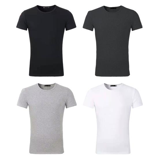 Yousheng Men Summer Top Plush-lined Short Sleeves Round Neck Solid Color Pullover Basic Top Elastic Bottoming Clothes