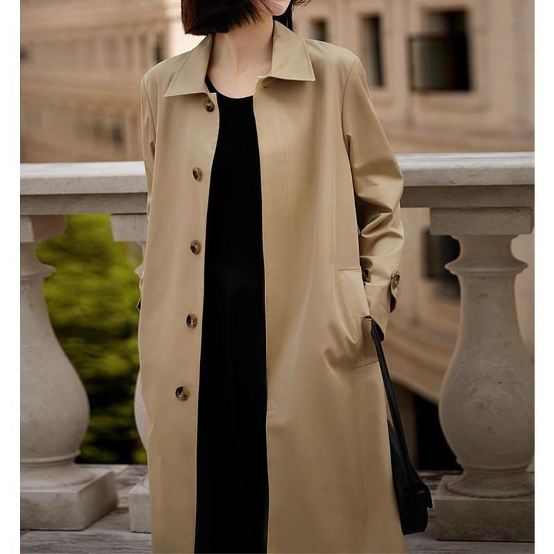 Womens Mid-Length Water-Resistant Wrinkled Trench Coat Cotton Blend Long Sleeve Single-Breasted Office Chic