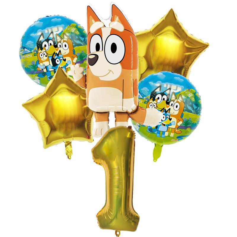 6 Stück Familie Bluey Aluminiumballon Cartoon Bingo Aktivität Spielzeug Blau Gold Stern Ballon Dekoration Sammlung Geburtsdatum Feier Babyparty Zubehör