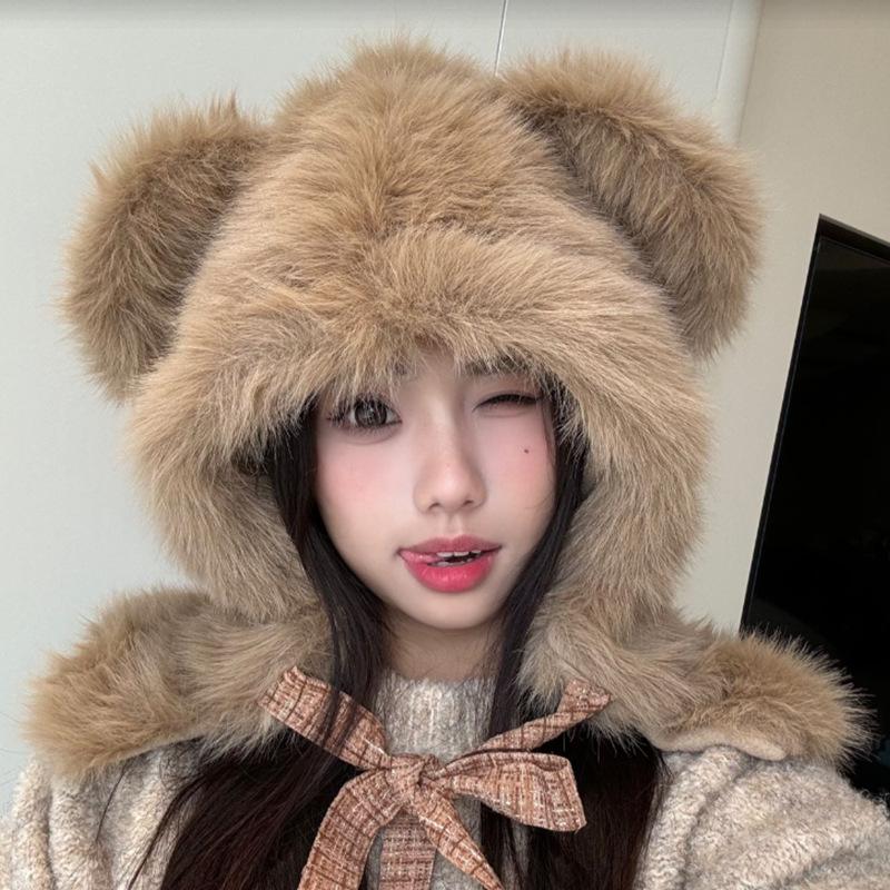 Cute Plush Bear Hat for Women In Autumn and Winter Fashion Thickened Warm Ear Protection Hat Scarf Integrated Windproof Lei Feng Hat