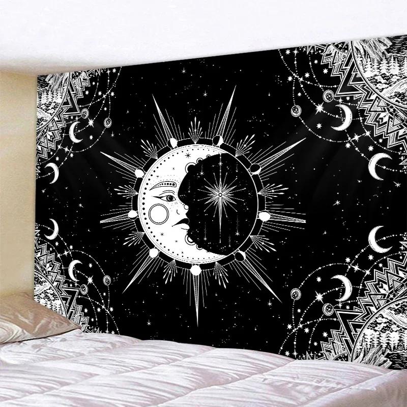 Black and White Moon Mandala Tapestry Bohemian Decoration Wall Hanging Bedroom Psychedelic Scene Starlight Art Home