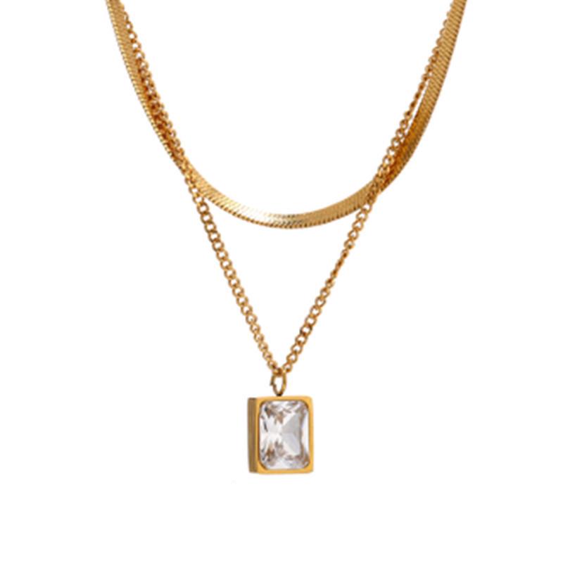 18K Gold Double Layer Snake Chain Necklace with Mini Square Crystal Pendant