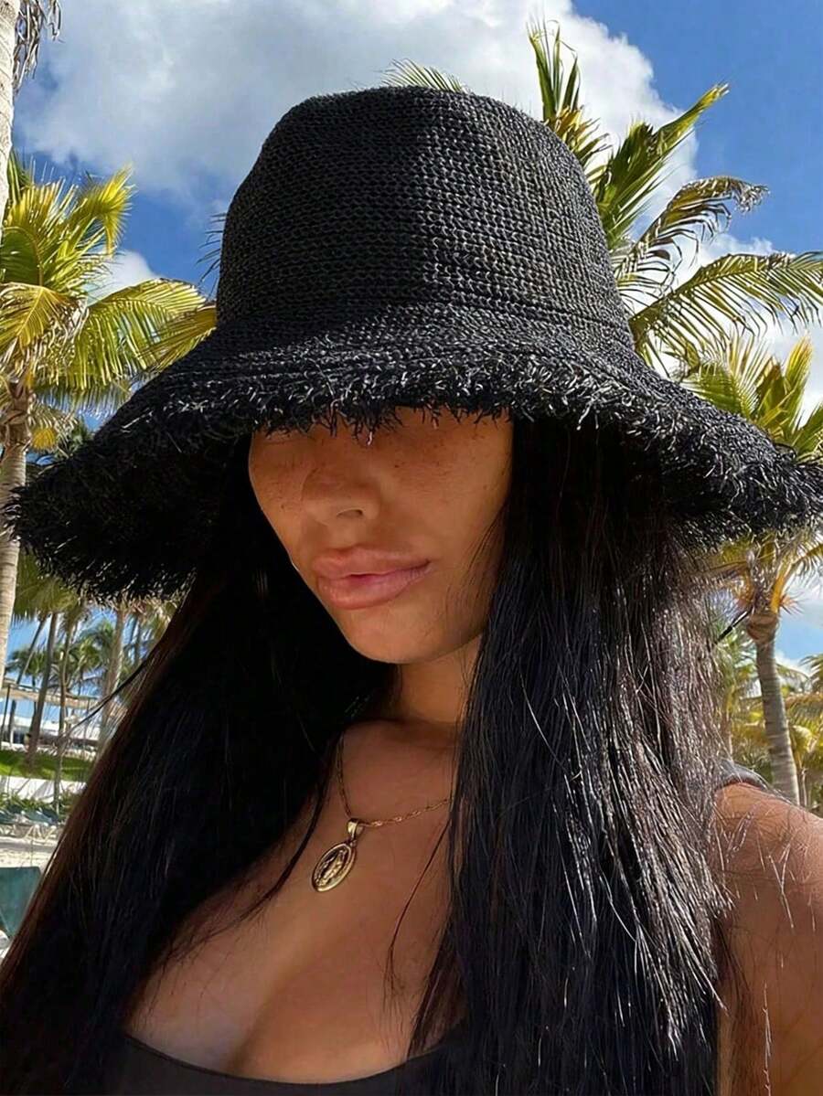 Zealous Sole Women's Black Wide Brim Frayed Straw Bucket Hat For Beach Summer Sun Protection