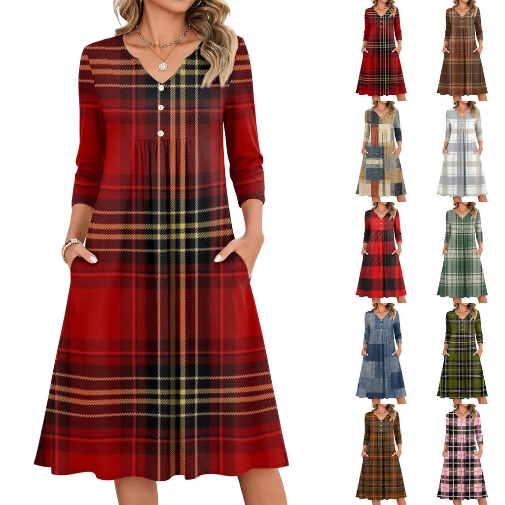 Lässiges Damen-Karo-Kleid mit V-Ausschnitt und Dreiviertelärm