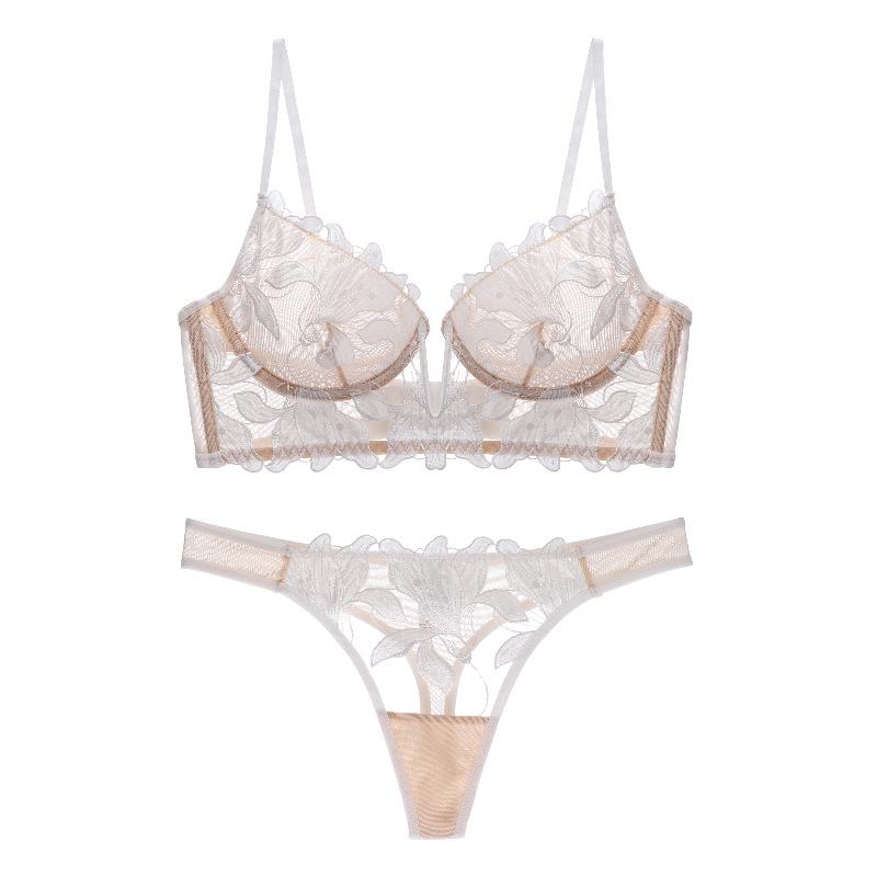 French Lace Push-Up Bra Set with Lily Embroidery & Mesh