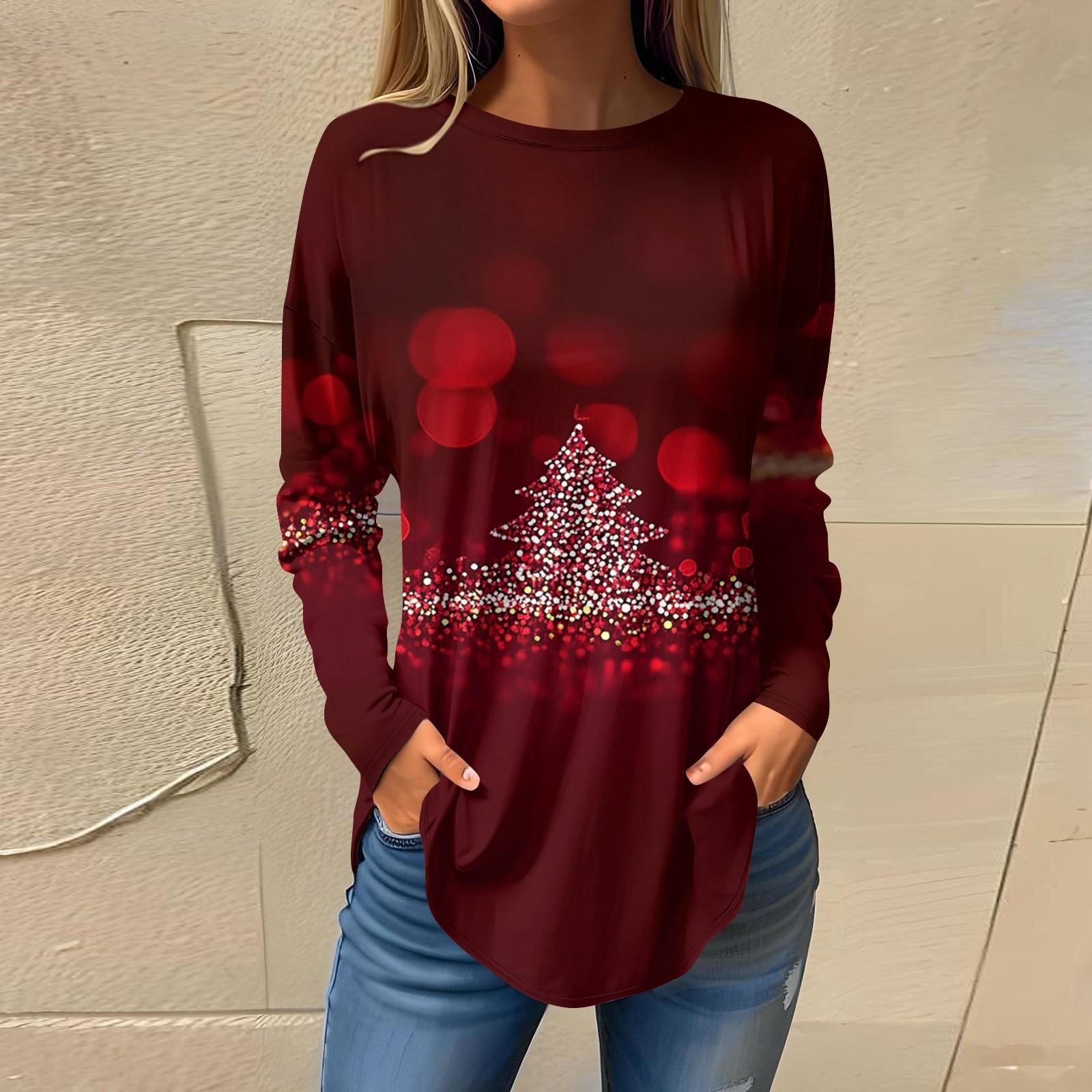 

Футболки для женщин, повседневные рубашки с длинным рукавом, толстовка с винтажным графическим рождественским принтом, топ-пуловер S винный