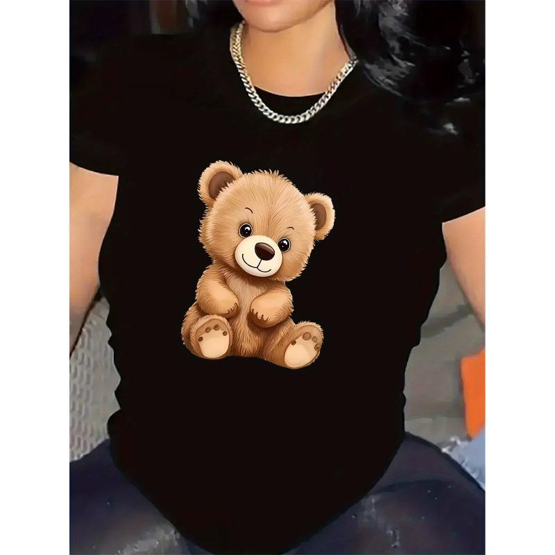 

Women Soft Plush Teddy Bear Print T-Shirt Black Round Neck Short Sleeve Casual Home All-Season Gift Tee 4XL