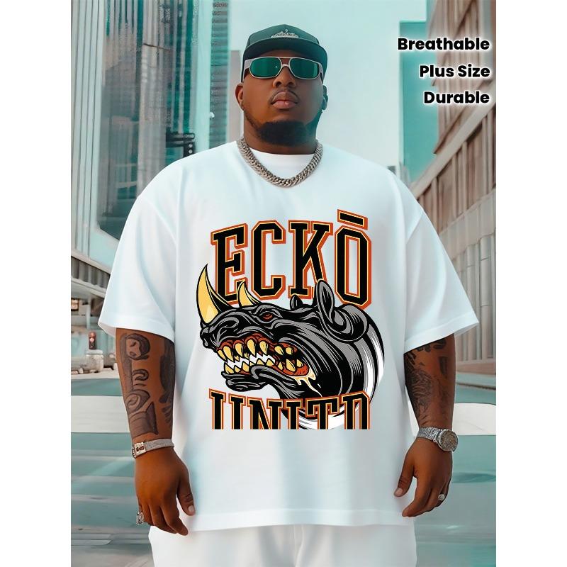 Europese Maat Mannen Ecko Unity Bedrukt T-shirt, Zwarte Achtergrond met Oranje Letters en Drakenpatroon, Casual Ronde Hals, Korte Mouwen