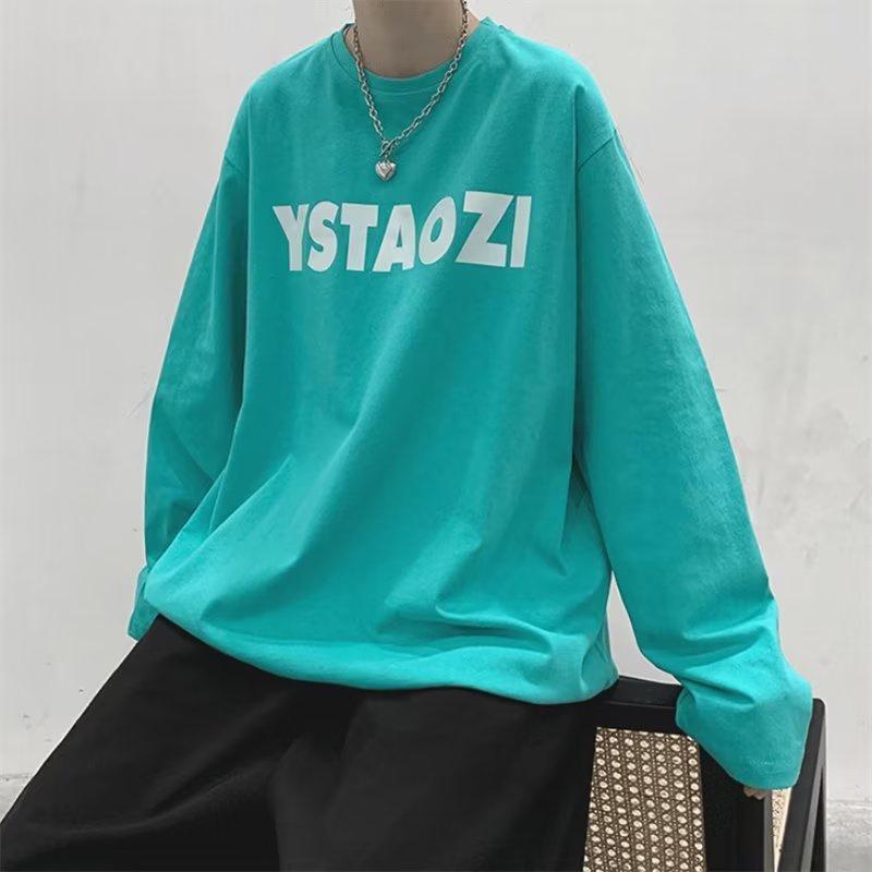 

Мужские футболки с длинным рукавом с буквенным графическим принтом, модные брендовые футболки для мужчин, мужская одежда, повседневная футболка, мужская летняя корейская ретро футболка 5XL озеро синий