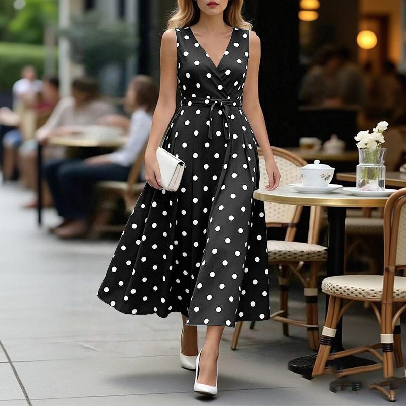 ZANZEA Damen Elegantes V-Ausschnitt Lässiges Ärmelloses Polka-Dot-Print-Kleid