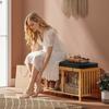 Bamboo Shoe Bench Hallway Bench With Padded Seat Cushion And Open Shelf Natural Wood Look