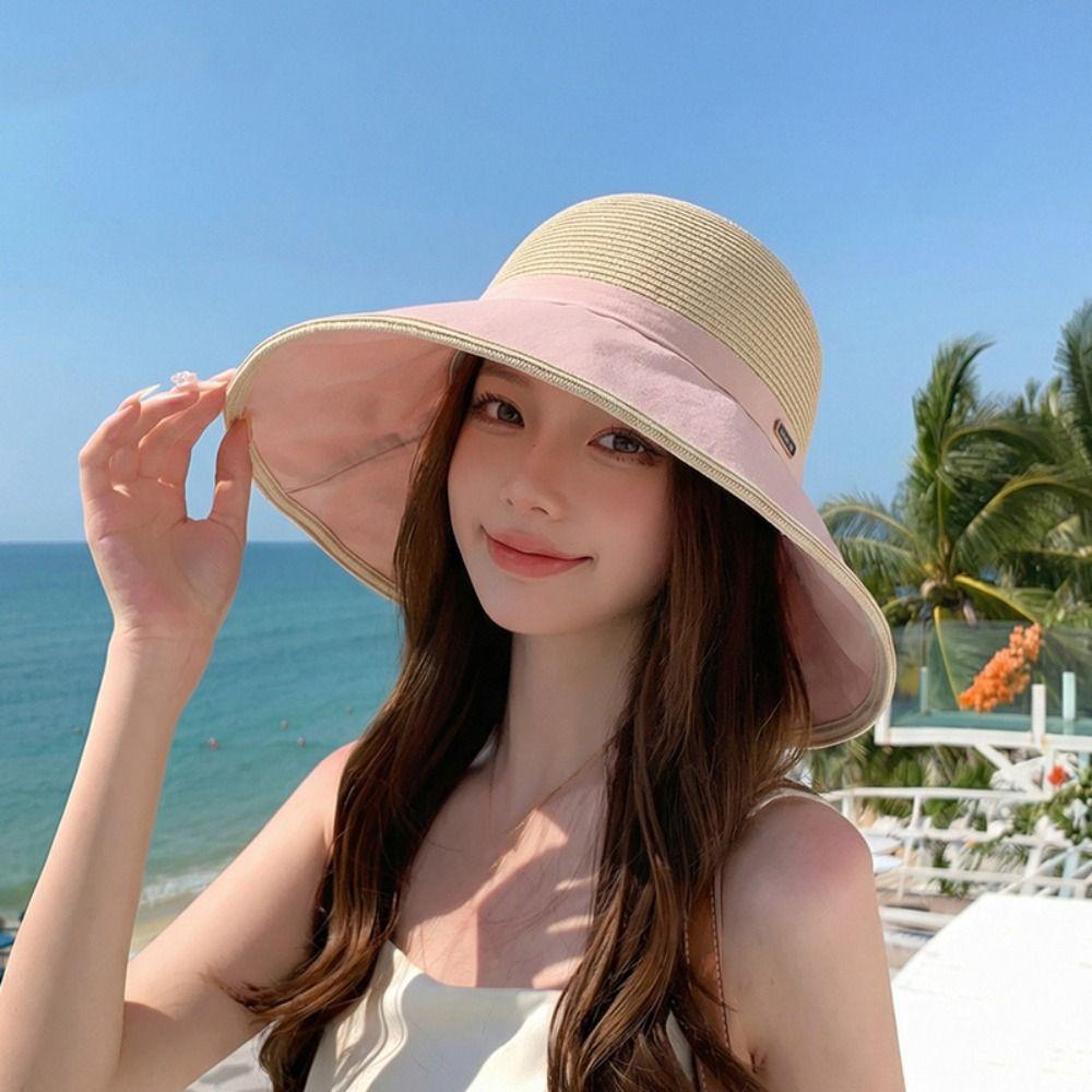Weave Women Sun Hat Large Bow Sunscreen Bucket Hat Portable Straw Hat  Travel