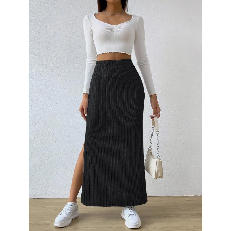 Fashion High Waist Side Slit Slim Knit Midi Skirt For Women