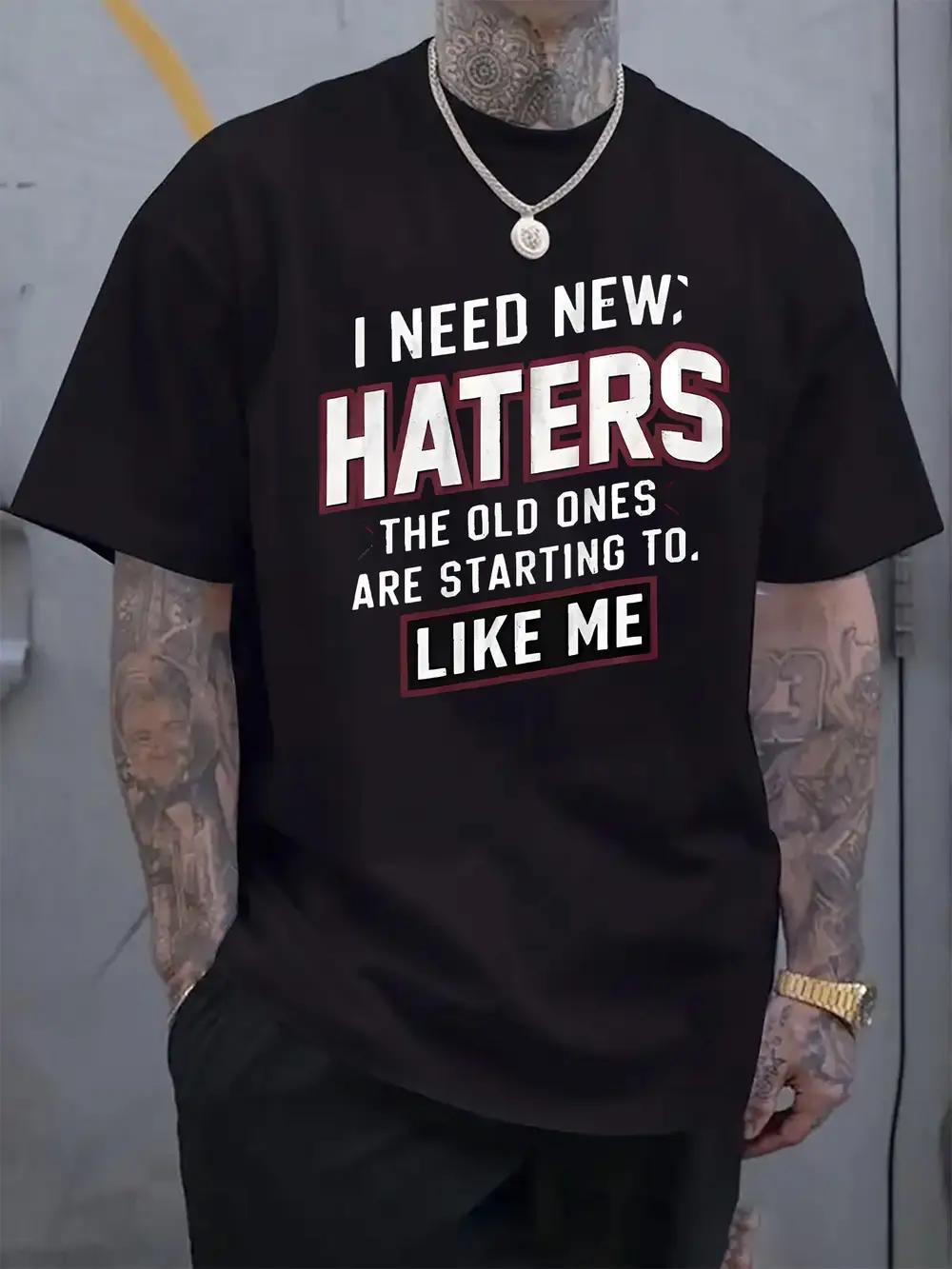 

Casual Crew Neck T-shirt with I Need New Haters Print - Regular Fit Short Sleeve Tee for Spring/Summer S