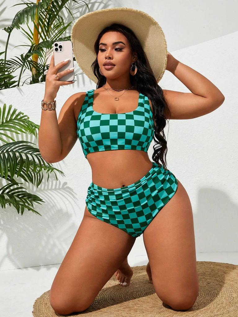 2026 Plaid Print High Waist Tummy Control Plus Size Bikini Swimsuit for Women