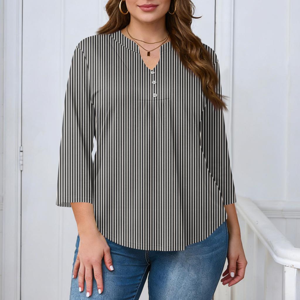 Women's Plus Size Fashionable Casual Loose Fit Three Quarter Sleeve Elegant Button Up V Neck Top