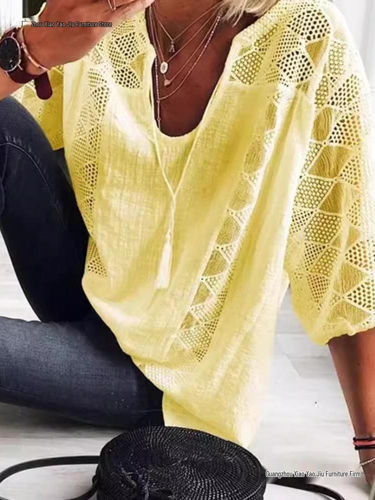 2026 Women's European & American Lace Hollow U-Neck Three-Quarter Sleeve Shirt