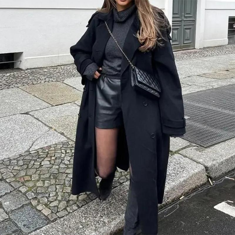 Kabát s klopami, dvouřadé zapínání, temperamentní vlněný dlouhý kabát, silná látka, dámská teplá bunda, podzim 2025