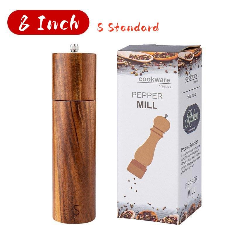 Cylindrical Wooden Salt and Pepper Grinder Set,Refillable and Matching Spice Mill,Wood Tray,Tall 8Inch,Manual Pepper Shakers Set