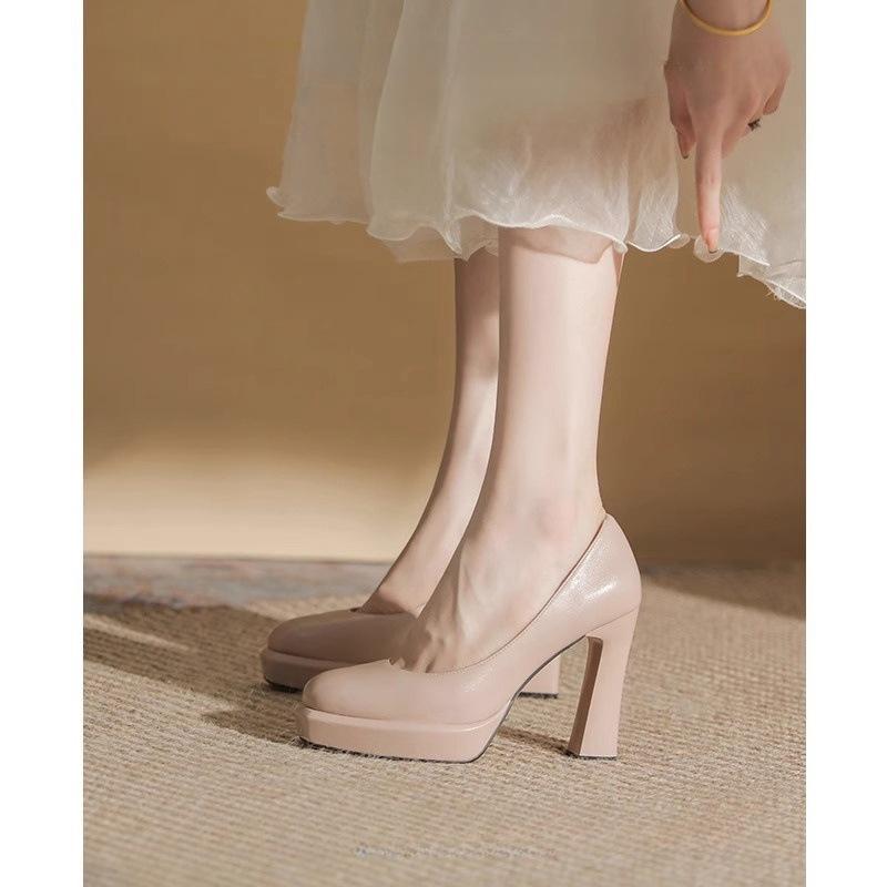 French Temperament Nude Waterproof Table High Heels Women's 2025 New Round Head Super High Heel Thick Heel Single Shoes Are Not Tired