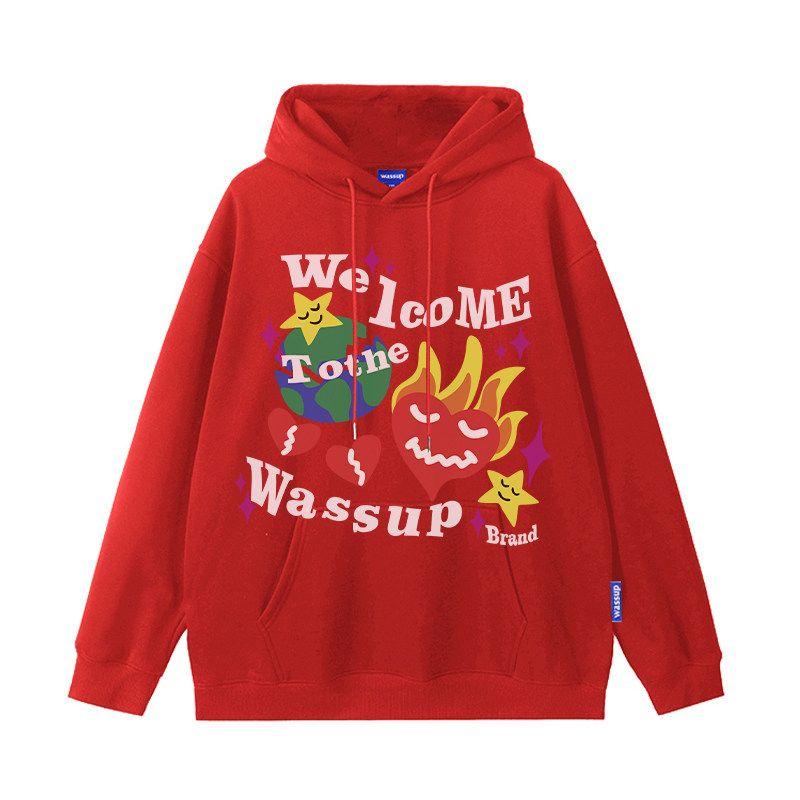 

Wassup American-Style Heavyweight Digital Inkjet Printed Red Sweatshirt for Men, Autumn and Winter Loose Hoodie Top Red L