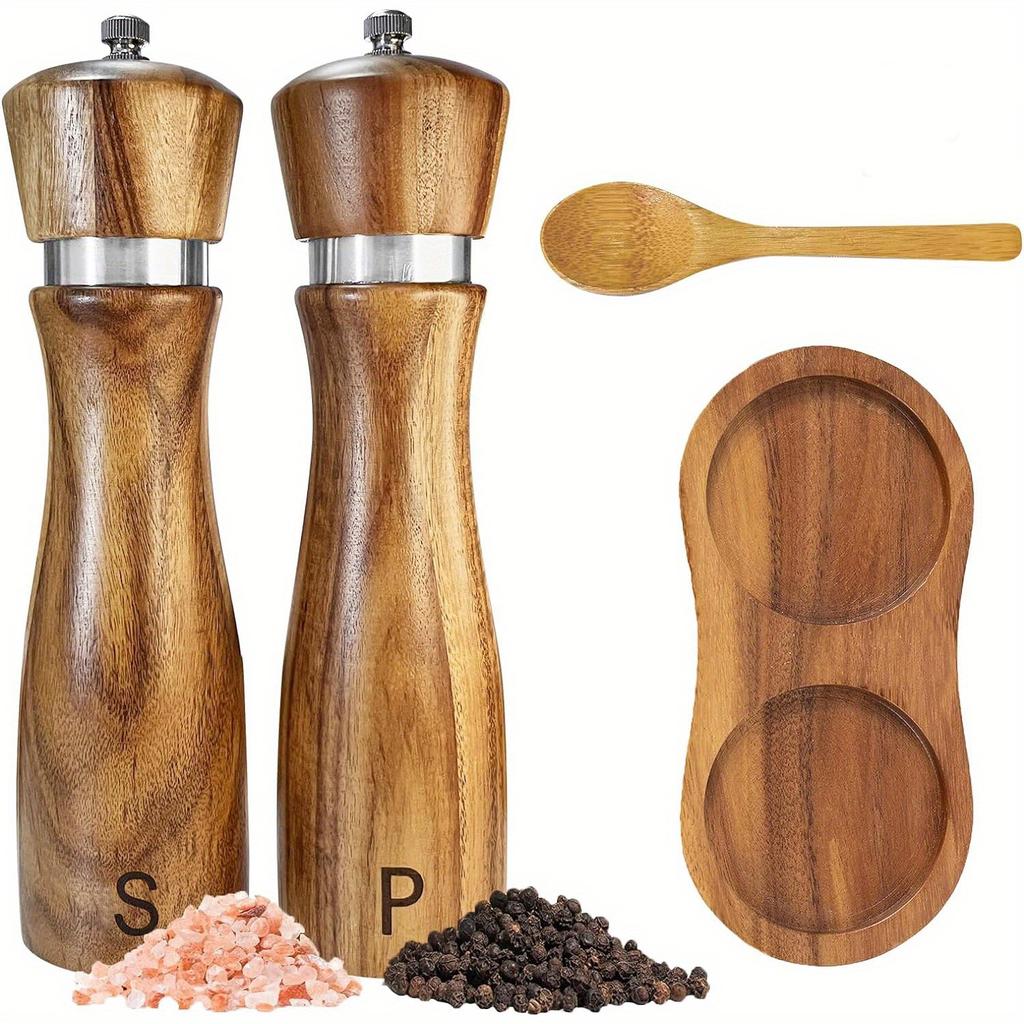 2pcs/pack Wooden Salt And Pepper Grinder Set Solid Acacia Wood Crafted Adjustable Coarseness Manual Grinder with Mill Tray