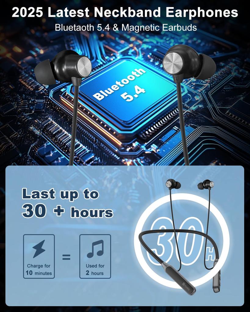 Hmusic 2025 Neckband Earphones, Bluetooth 5.4, 30+ Hours of Battery Life, IPX5 Waterproof, Multi-Point Headphones with Magnetic, Game Mode, Noise
