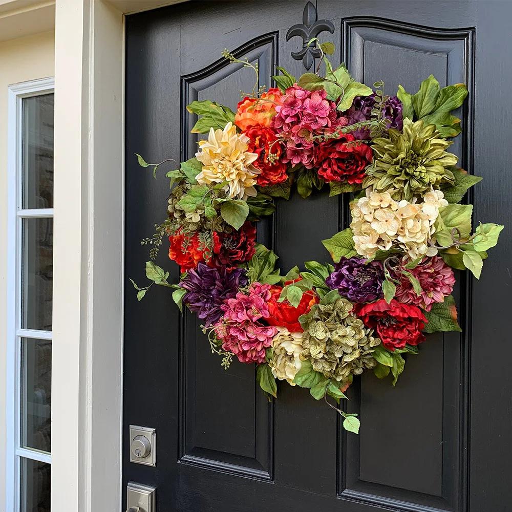 New Spring Summer Simulated Hydrangea Wreath Front Door Garland Colorful Simulated Peony Wreath Front Door Wall Hanging Decorati