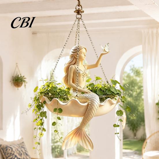 Piccolo Fioriera da Pianta Erbacea Ballerina di Balletto & Sirena Fioriera da Appendere, Vaso da Fiori a Forma di Conchiglia in Resina con Catene Metalliche, Supporto a Parete per Esposizione di Piante Verdi