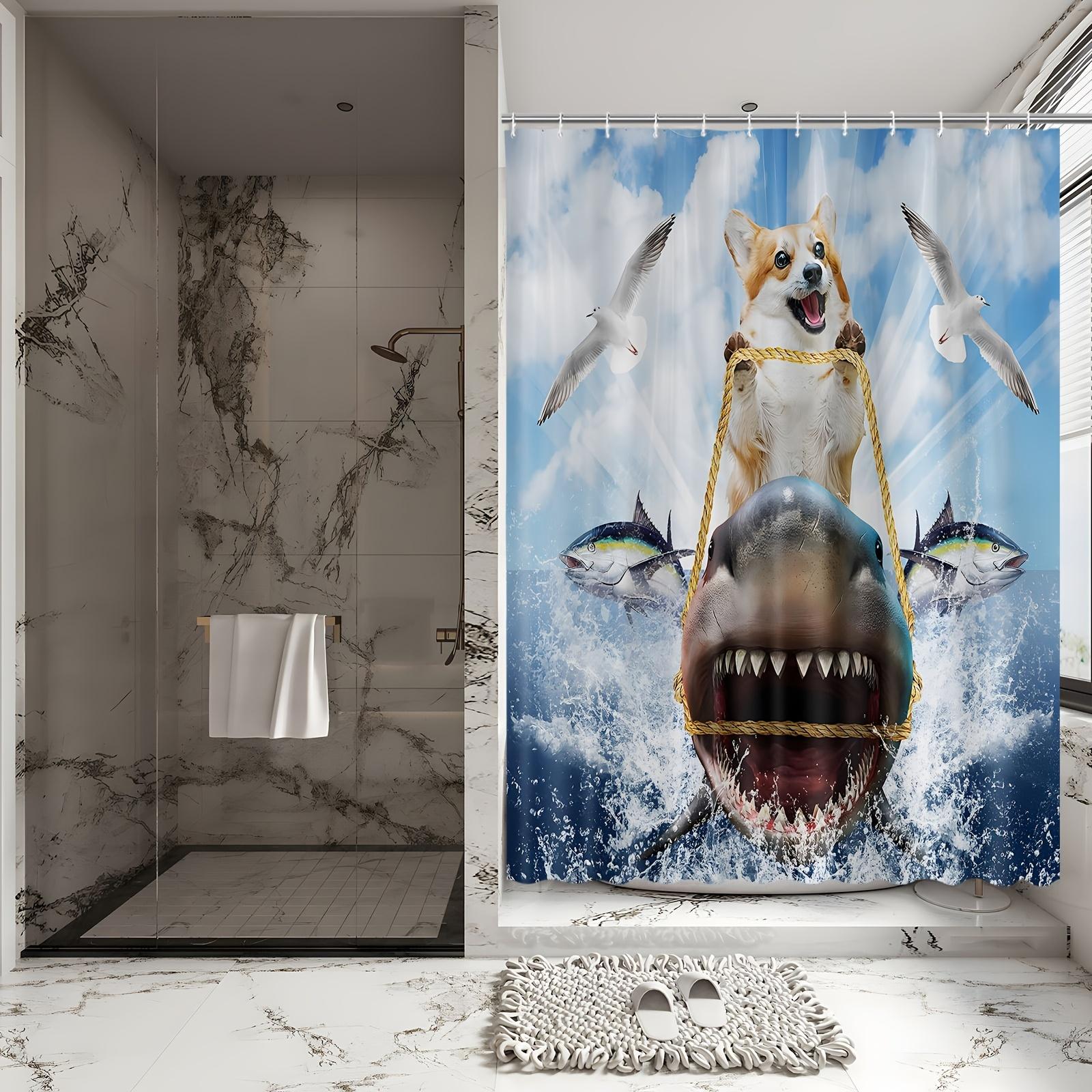 

Adventurous Dog on Shark Bath Curtain - Fun & Quirky Design, Waterproof Home Decor Adds Playful Charm to Your Bathroom W90XH180cm