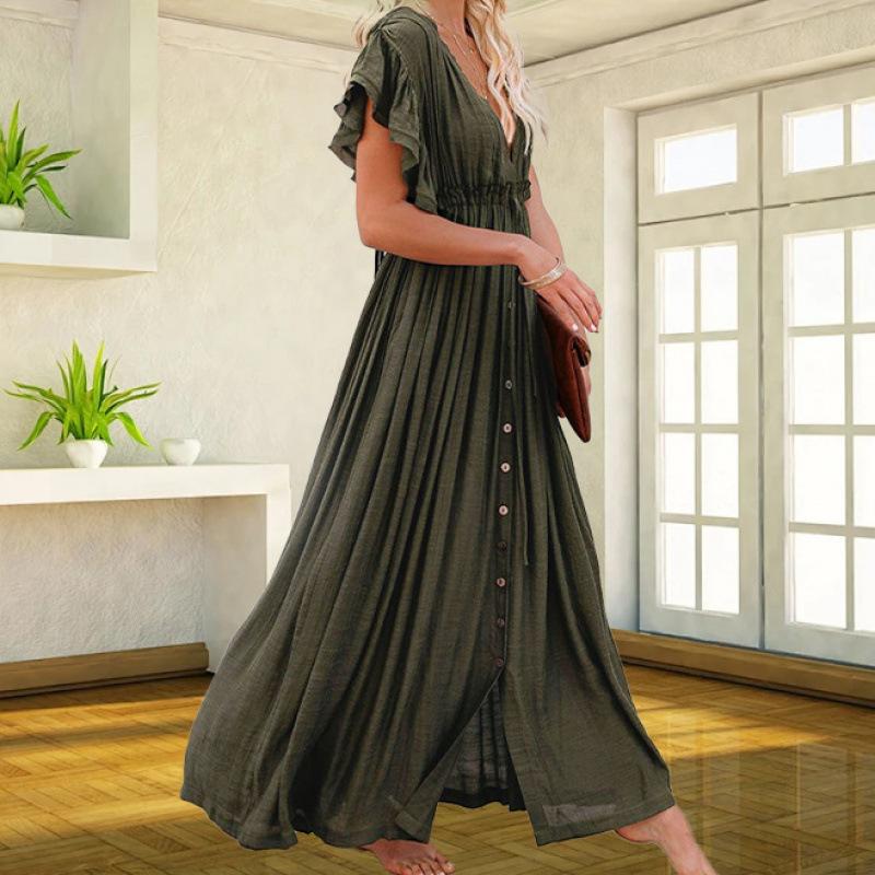 

New solid color beach blouse long skirt sunscreen shirt dress seaside vacation one size fits all оливковий колір