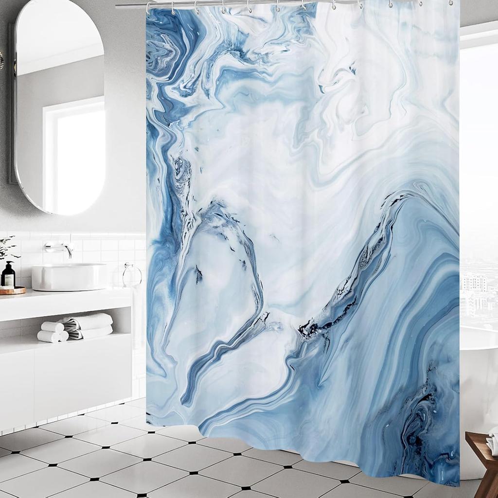 Blue Marble Shower Curtain, Modern Ombre Fabric, Abstract Chic Watercolor Design for Luxury Summer Bathroom Decor
