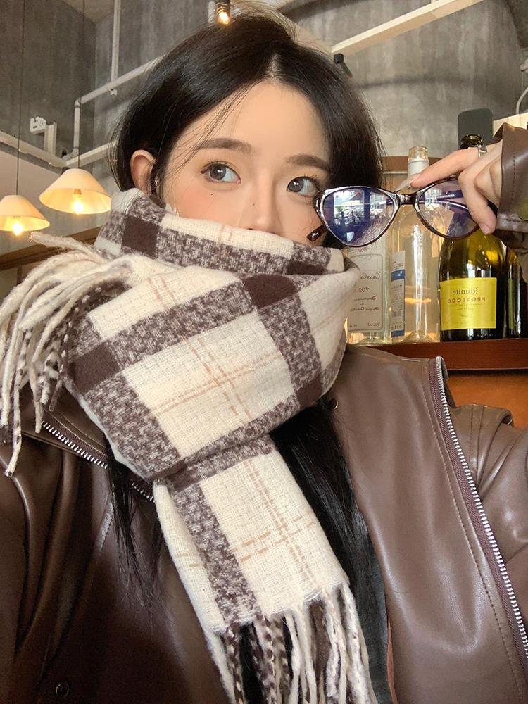 Women Winter Retro Knitted Scarf Headscarf Ladies Men Casual Preppy Plaid Tassel Scarve Mujer Male Foulard Wrap Shawl New Unisex