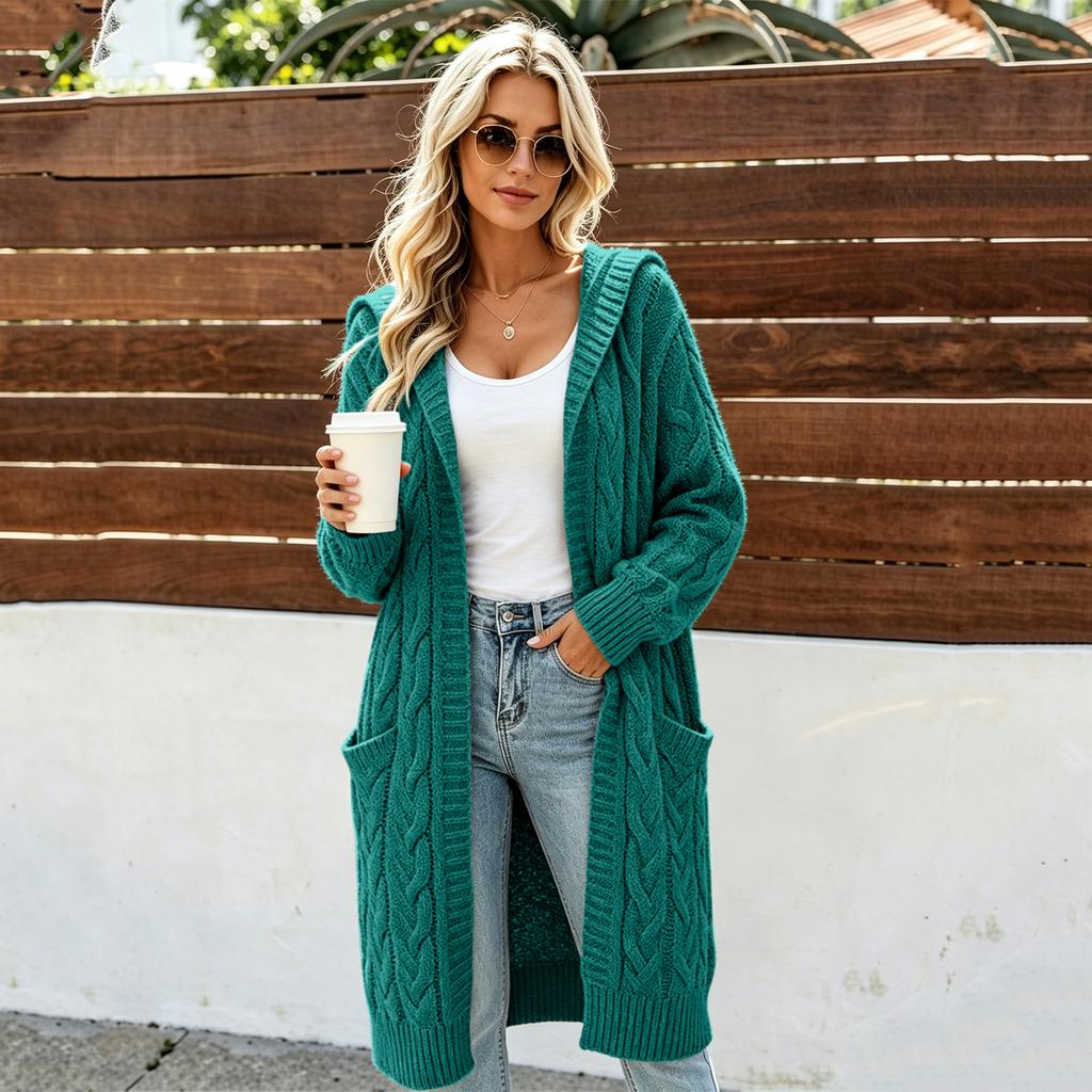 Women's Long Knit Cardigan with Hood - Long Sleeve Sweater Coat with Pockets