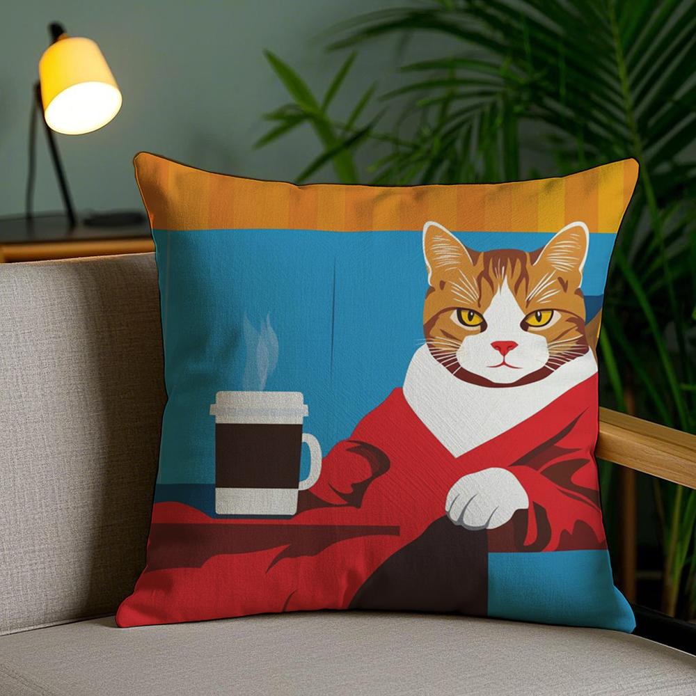 Bop Style Coffee Cats Cushion Cover Plush Fabric Soft Double-Sided Printed Invisible Zipper Sofa Pillow Case Home Decor