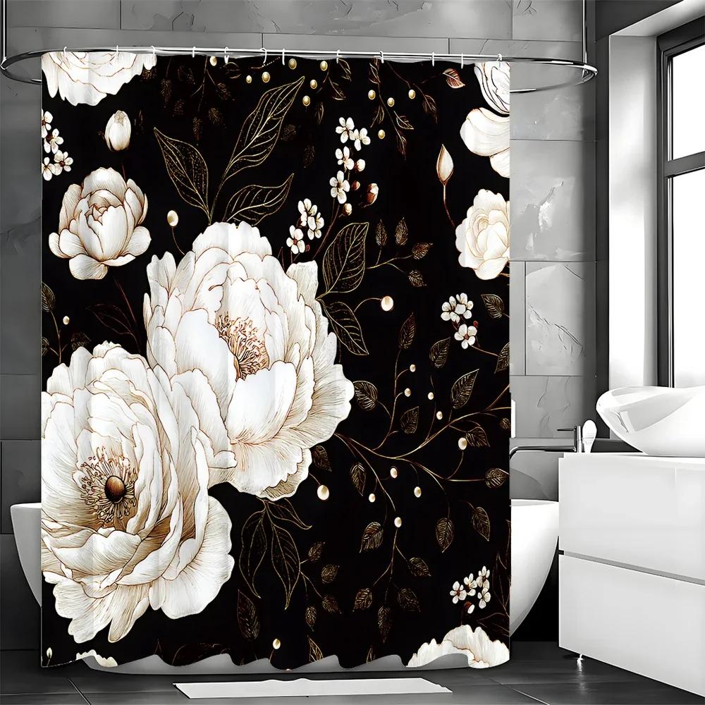 Peony Flower Black Background Shower Curtain, Bathroom Decorative Shower Curtain, Waterproof Shower Curtain with Hooks 180x200cm