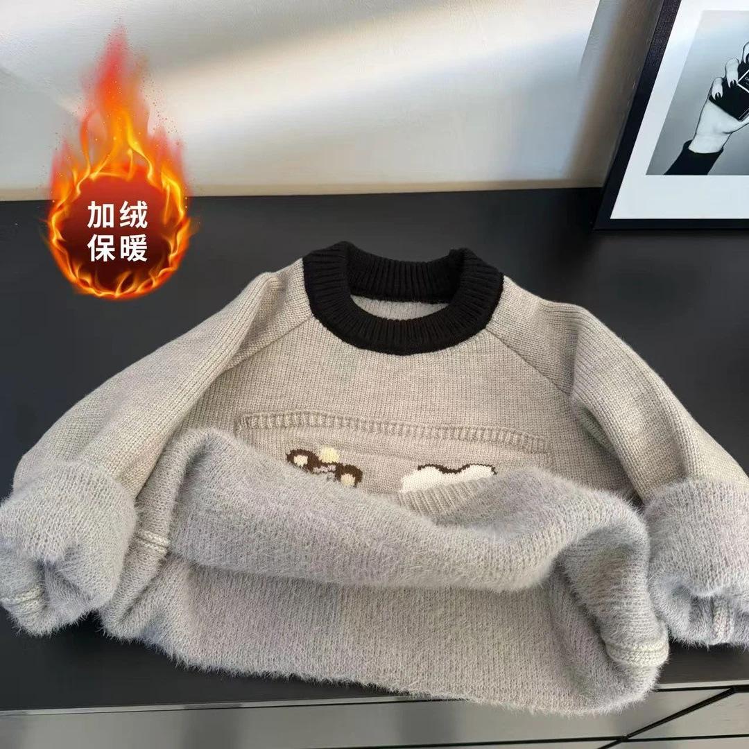 Boys Thick Fleece Lined Knit Top with Bear Print for Fall Winter 80