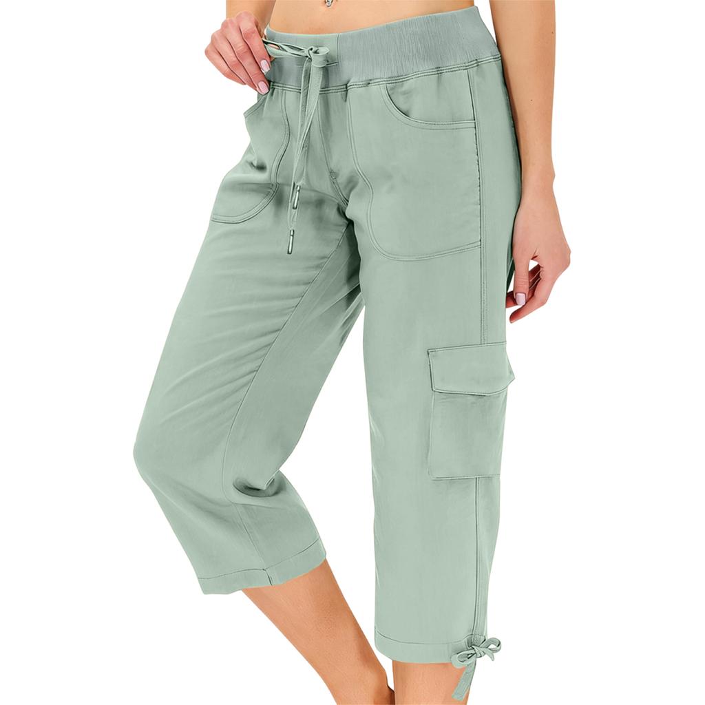 Women’s Loose Fit High Waist Elastic Waistband Lightweight Hiking Pants with Dual Pockets and Drawstring Capri Length for Outdoor Activities
