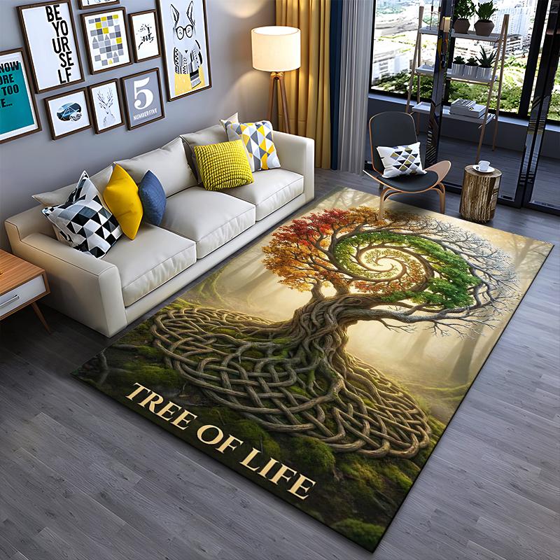 Spiritual Art Area Rug, Tree of Life Four Seasons Celtic Knot Roots Forest Print, Boho Meditation Room Decor, Non-Slip Mat