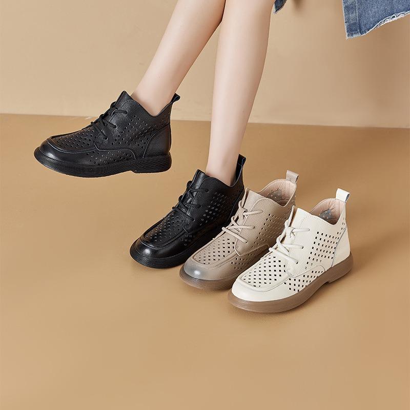 Spring first layer cowhide leather hollow Martin boots women's lace-up women's leather boots large size casual shoes