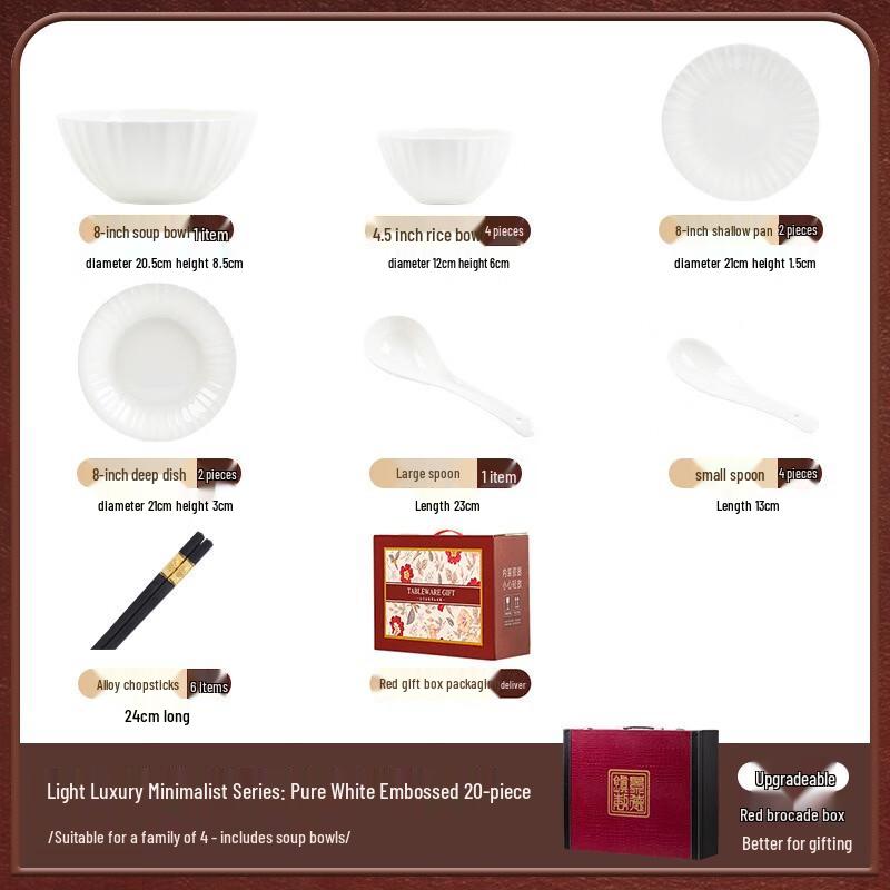 KANGMO Pure White Embossed 20-Piece Ceramic Dinnerware Set