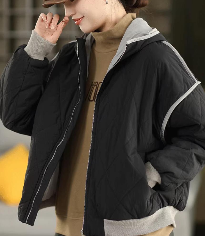 Johnature Women Vintage Winter Hooded Patchwork Coats Zipper Long Sleeve Warm Casual Female Coats