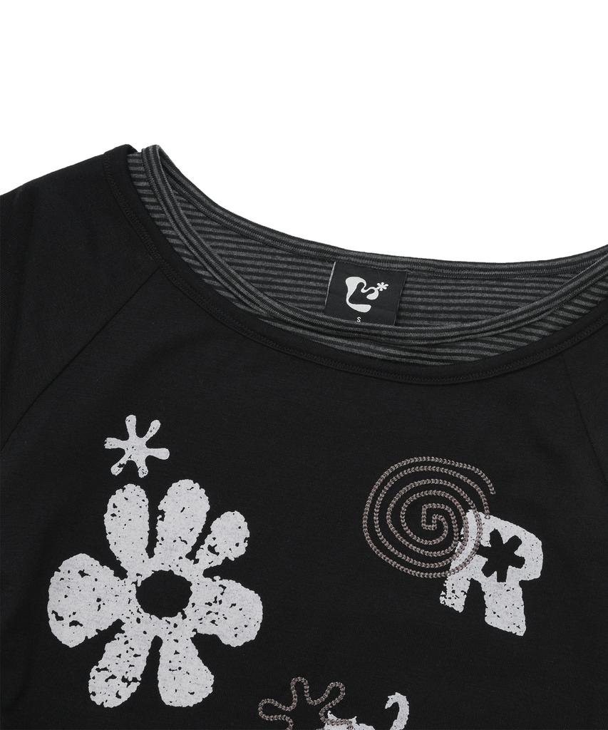 LMR Motif Embroidered Stripe Layered Short Sleeve T-Shirt Black Stripe