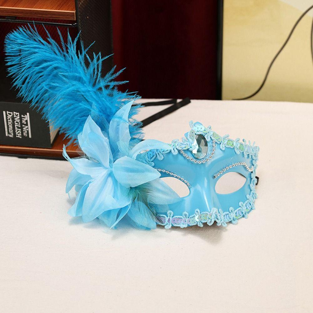 Flower Half-Face Mask Rhinestone Masquerade Ball Mask Fancy Feather Mask Makeup Festival